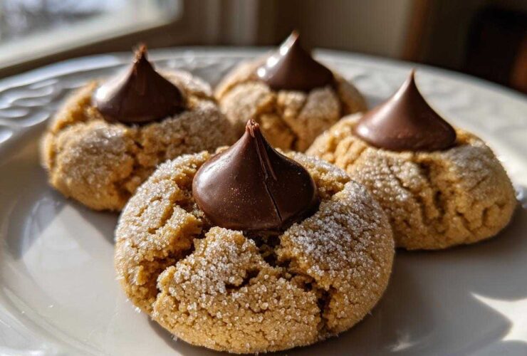 Close-up of four classic peanut butter blossoms cookies, rolled in sugar and topped with a chocolate kiss.
