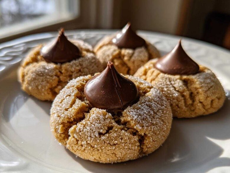 Close-up of four classic peanut butter blossoms cookies, rolled in sugar and topped with a chocolate kiss.