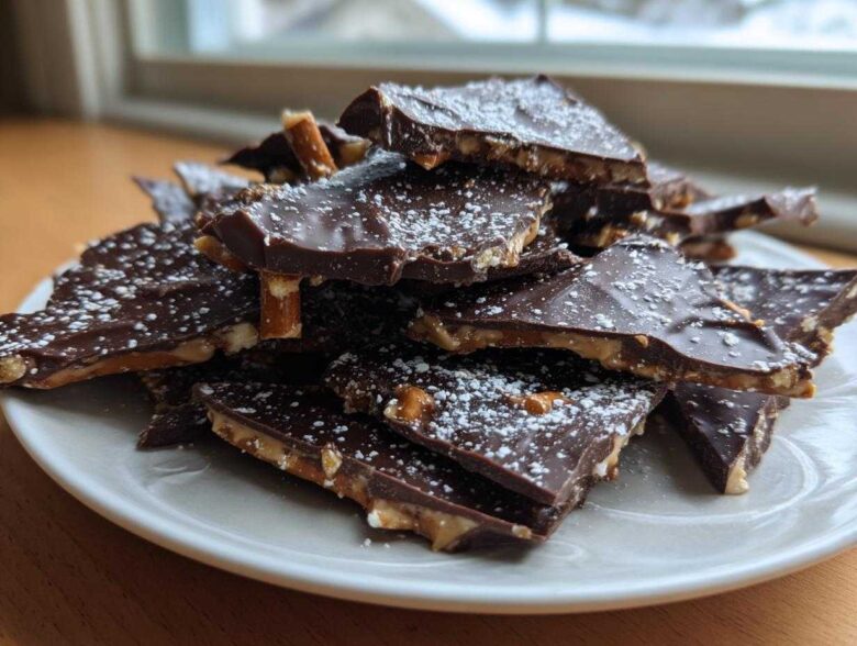 A pile of broken pieces of dark chocolate peanut butter pretzel bark dusted with powdered sugar.