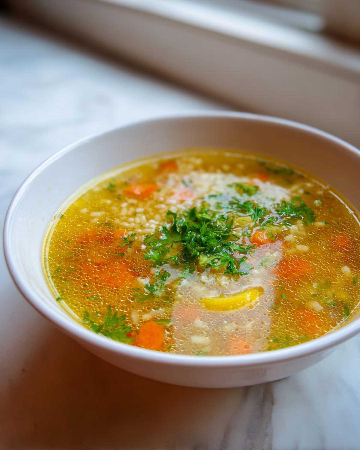 Close-up of a white bowl filled with steaming penicillin soup, featuring visible carrots, grains, and fresh parsley garnish.
