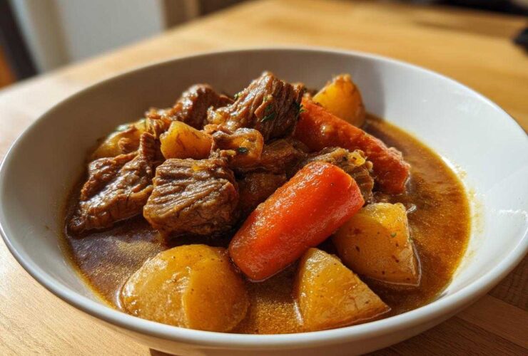 Close-up of a white bowl filled with rich, brown pork stew featuring tender meat chunks, carrots, and potatoes.