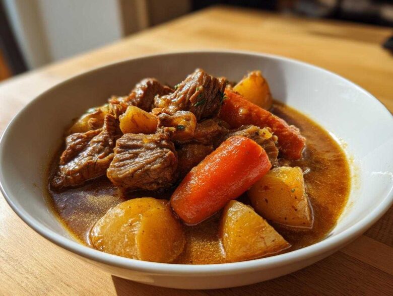 Close-up of a white bowl filled with rich, brown pork stew featuring tender meat chunks, carrots, and potatoes.