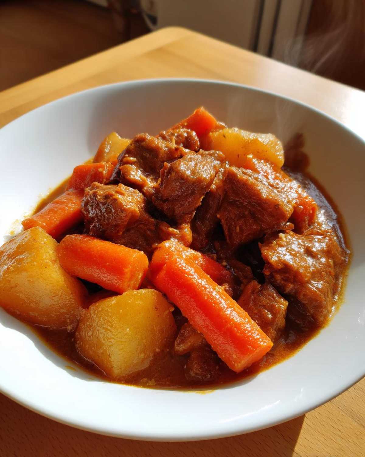 Close-up of a white bowl filled with rich, savory pork stew chunks, bright orange carrots, and potatoes.