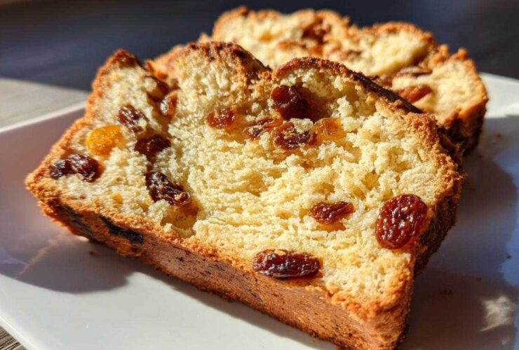 Two thick slices of golden, fluffy raisin bread studded with plump raisins, resting on a white plate.