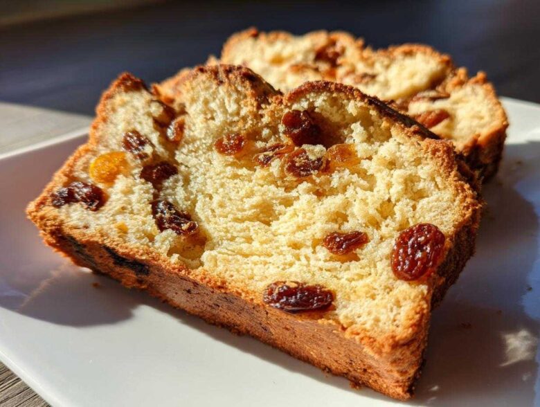 Two thick slices of golden, fluffy raisin bread studded with plump raisins, resting on a white plate.