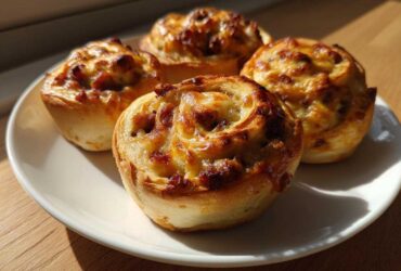 Four freshly baked sausage pinwheels with melted cheese topping arranged on a white plate.