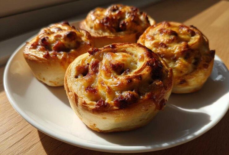 Four freshly baked sausage pinwheels with melted cheese topping arranged on a white plate.