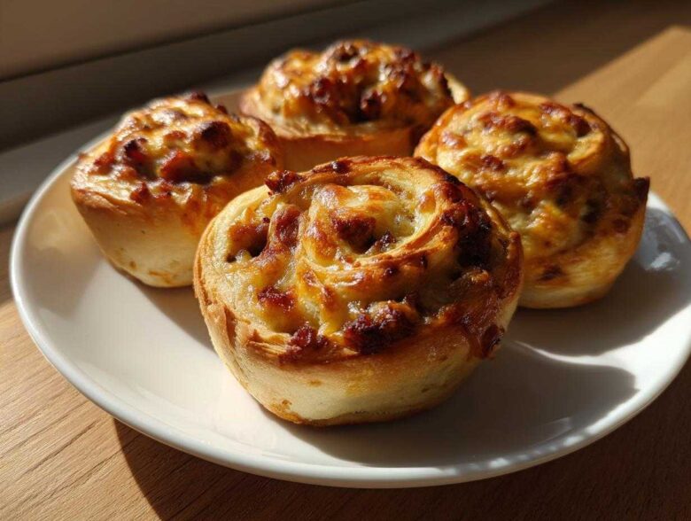 Four freshly baked sausage pinwheels with melted cheese topping arranged on a white plate.