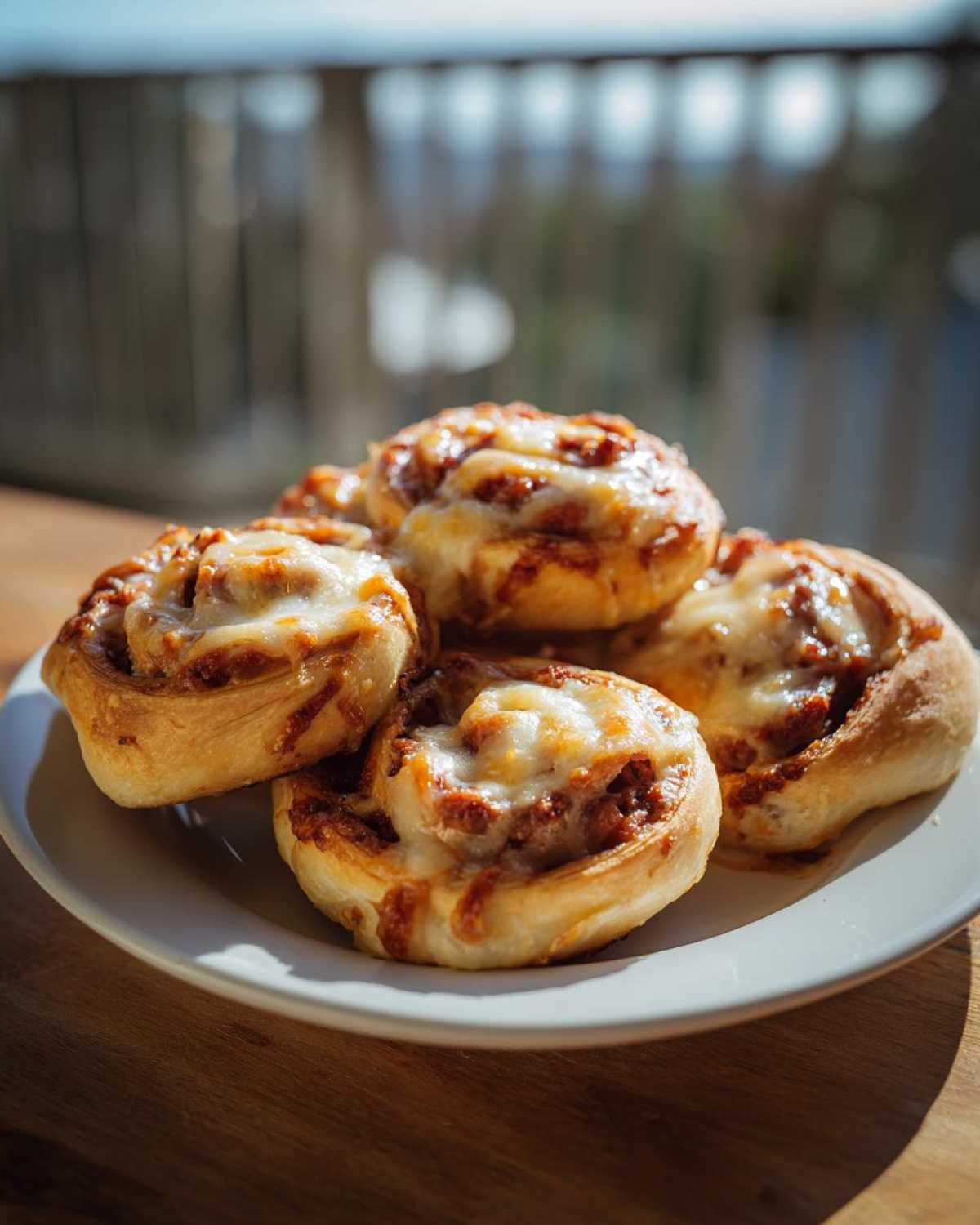A plate of warm, freshly baked sausage pinwheels topped with melted mozzarella cheese.