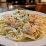 A close-up of amazing shrimp alfredo pasta featuring large shrimp over fettuccine noodles, topped with Parmesan cheese.