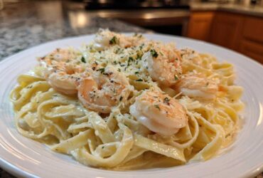 A close-up of amazing shrimp alfredo pasta featuring large shrimp over fettuccine noodles, topped with Parmesan cheese.