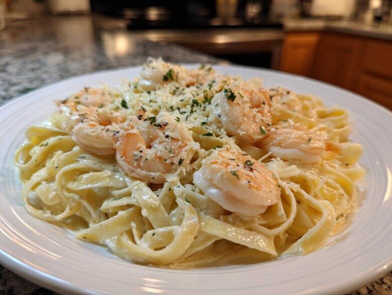 A close-up of amazing shrimp alfredo pasta featuring large shrimp over fettuccine noodles, topped with Parmesan cheese.