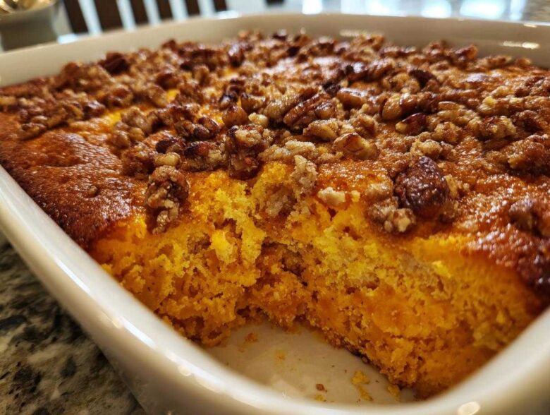 Close-up of a baked sweet potato souffle in a white dish, showing the bright orange interior and crunchy pecan topping.