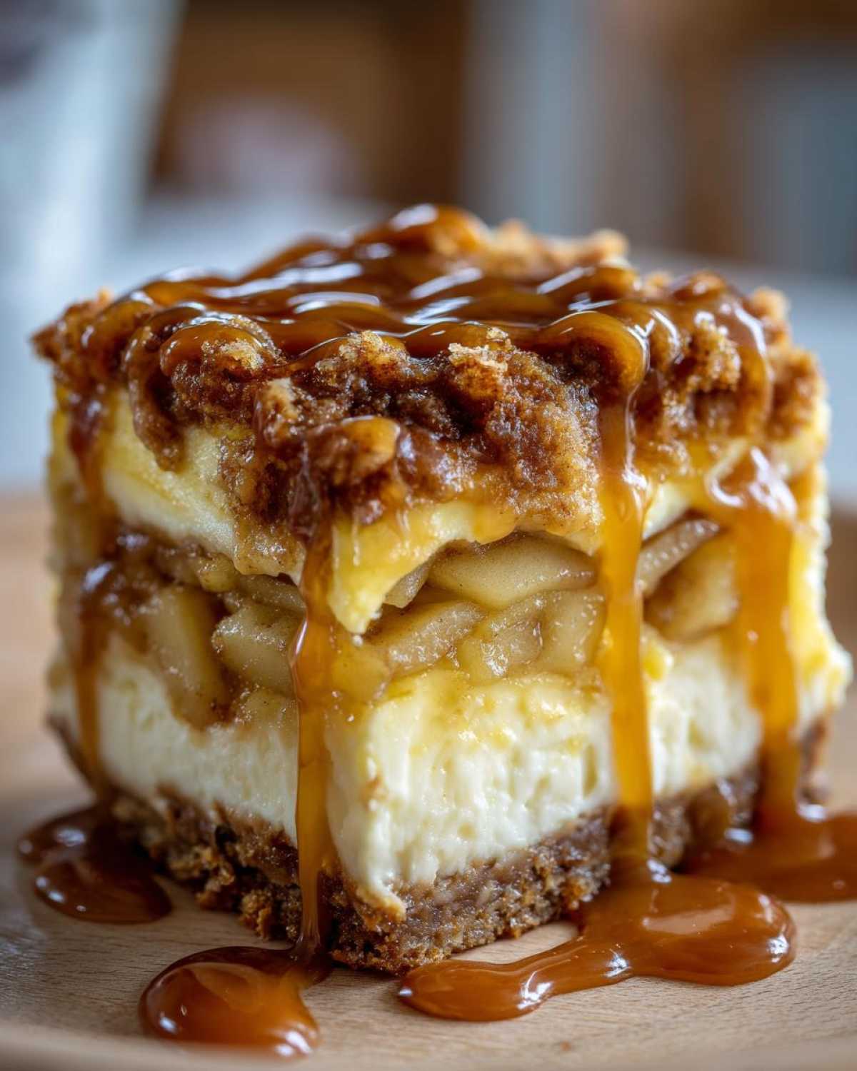Close-up of a layered slice of apple pie cheesecake drizzled heavily with rich caramel sauce.