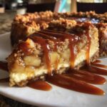Close-up of a slice of apple pie cheesecake topped with apple crumble and drizzled heavily with caramel sauce.