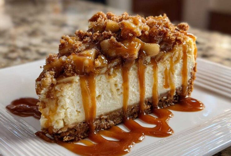 A decadent slice of apple pie cheesecake topped with spiced apples, crumble, and generous caramel drizzle.