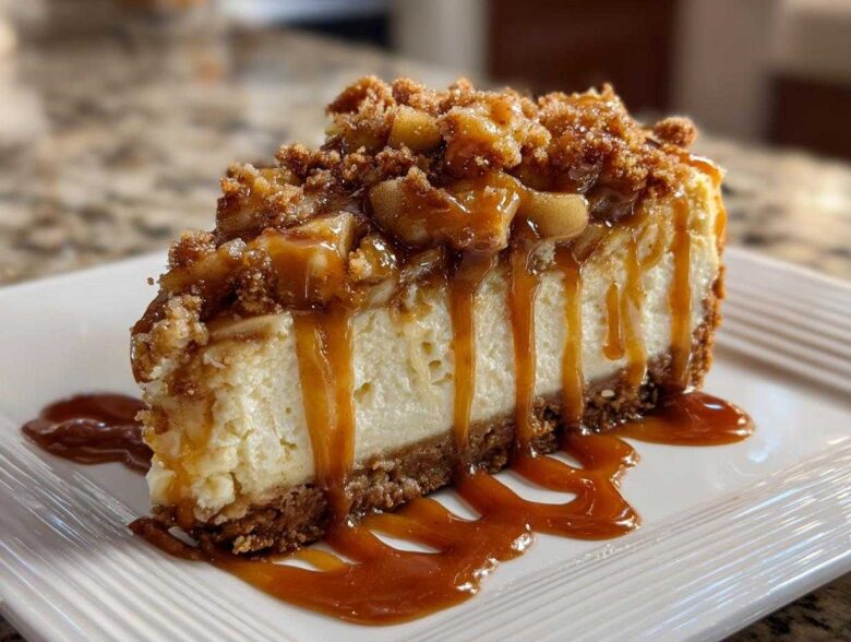 A decadent slice of apple pie cheesecake topped with spiced apples, crumble, and generous caramel drizzle.