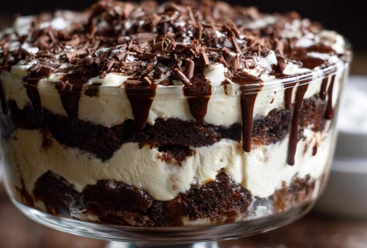 Close-up of a layered Baileys Chocolate Cheesecake Trifle featuring dark cake, white cream, chocolate drizzle, and shavings.