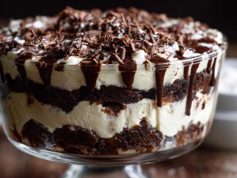 Close-up of a layered Baileys Chocolate Cheesecake Trifle featuring dark cake, white cream, chocolate drizzle, and shavings.
