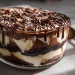 Close-up of a rich Baileys Chocolate Cheesecake Trifle layered with dark chocolate cake, white cream, and topped with chocolate shavings.