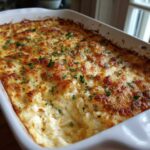 A close-up of a creamy, baked hot crab dip in a white casserole dish, topped with melted, browned cheese and fresh parsley.