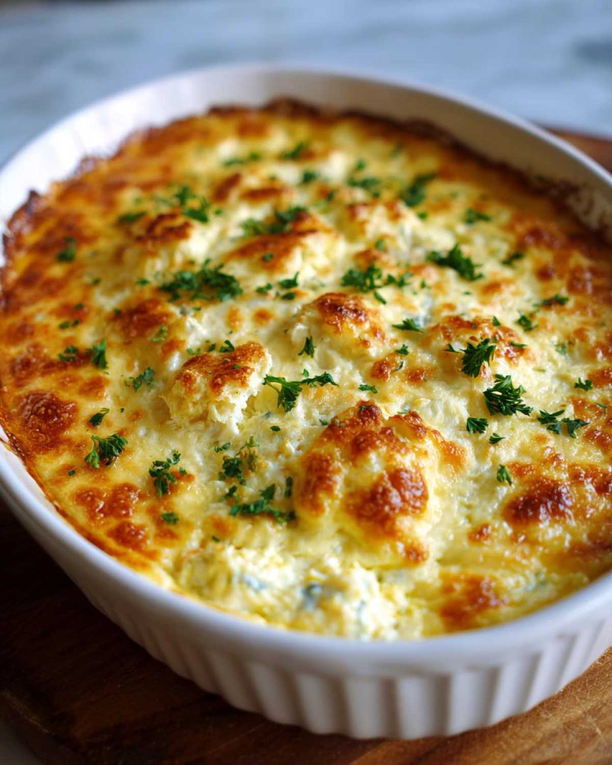 A close-up of baked hot crab dip in a white oval dish, featuring a bubbly, golden-brown cheese crust and parsley garnish.