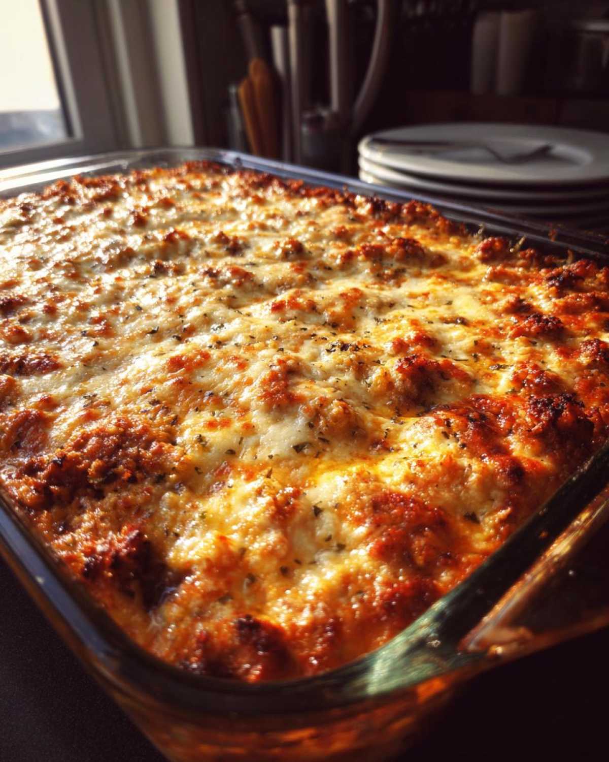 Close-up of a bubbly, cheesy, baked stuffed mushroom dip in a clear glass baking dish.