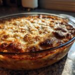 Close-up of a bubbly, golden-brown baked stuffed mushroom dip in a clear glass baking dish.