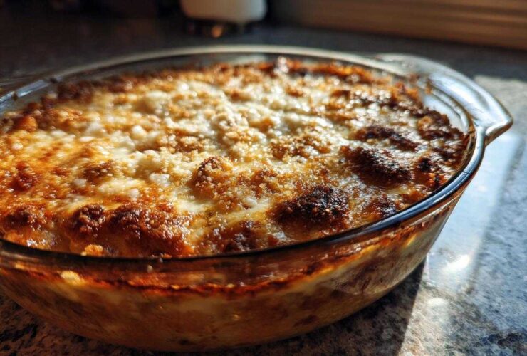 Close-up of a bubbly, golden-brown baked stuffed mushroom dip in a clear glass baking dish.