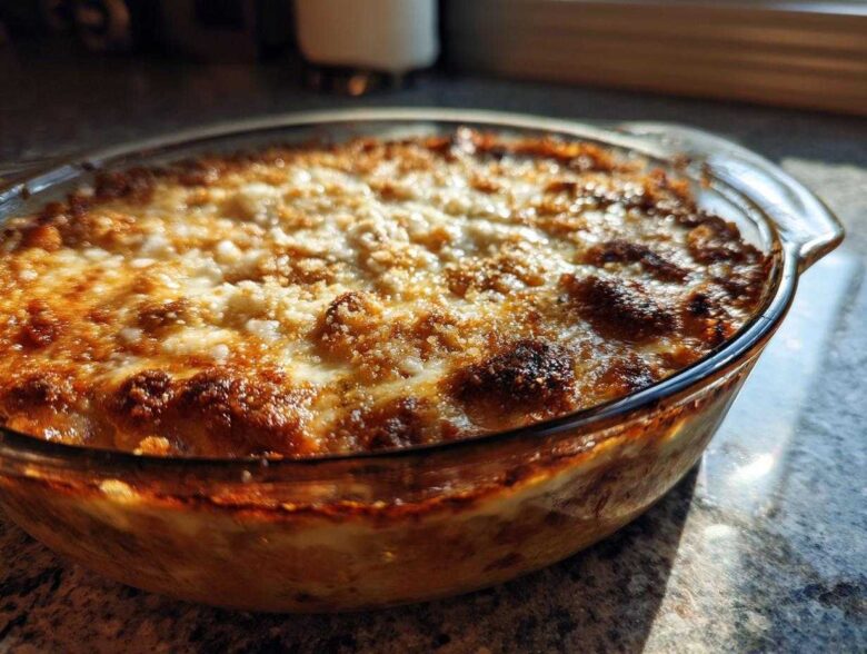 Close-up of a bubbly, golden-brown baked stuffed mushroom dip in a clear glass baking dish.