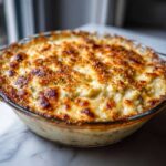 Close-up of a hot, bubbly stuffed mushroom dip with a deeply browned, cheesy crust.