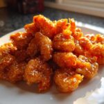 A mound of crispy, orange-glazed Bang Bang Shrimp sprinkled with sesame seeds, served on a white plate.
