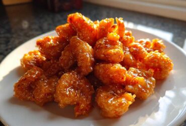 A mound of crispy, orange-glazed Bang Bang Shrimp sprinkled with sesame seeds, served on a white plate.