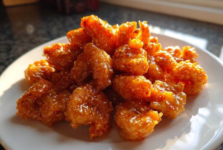 A mound of crispy, orange-glazed Bang Bang Shrimp sprinkled with sesame seeds, served on a white plate.