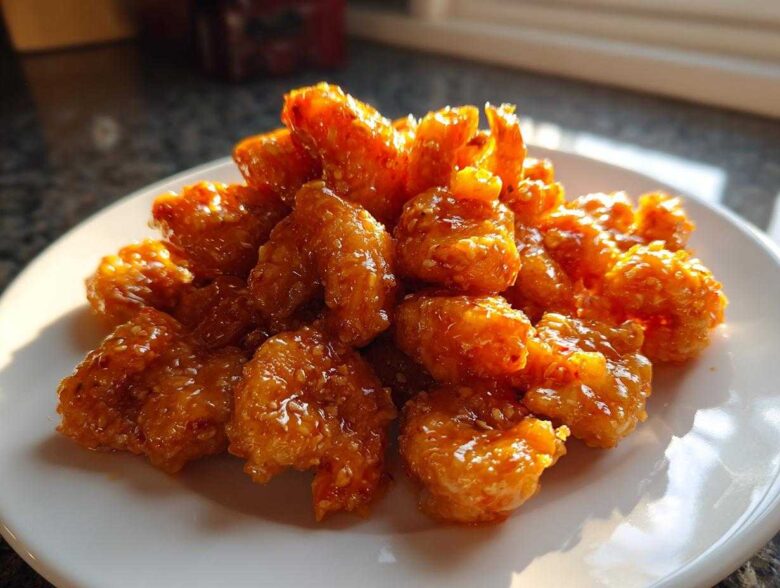 A mound of crispy, orange-glazed Bang Bang Shrimp sprinkled with sesame seeds, served on a white plate.
