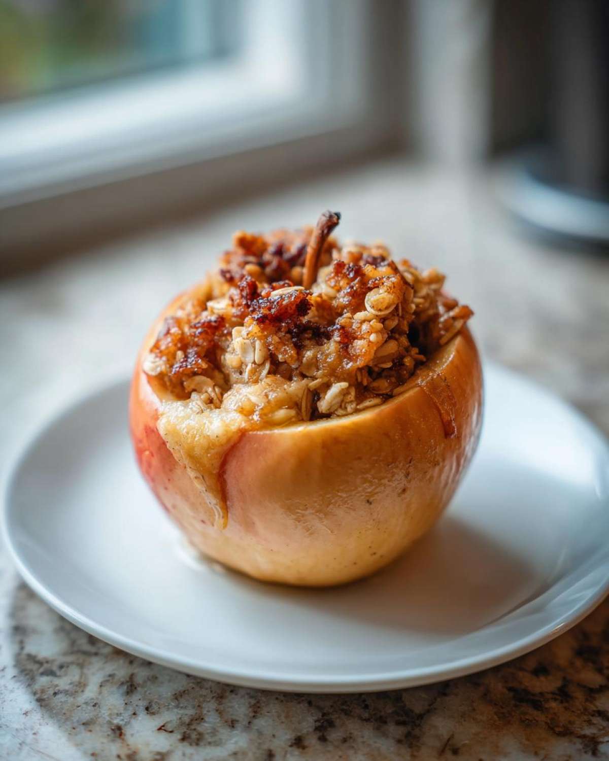 A single baked apple filled with a brown sugar and oat crumble topping, served on a white plate.