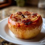 A close-up of a perfectly baked apple with a caramelized, brown sugar crumble filling, served on a white plate.