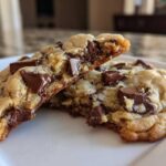 Close-up of a perfect chocolate chip cookie broken in half, showing gooey melted chocolate chunks.