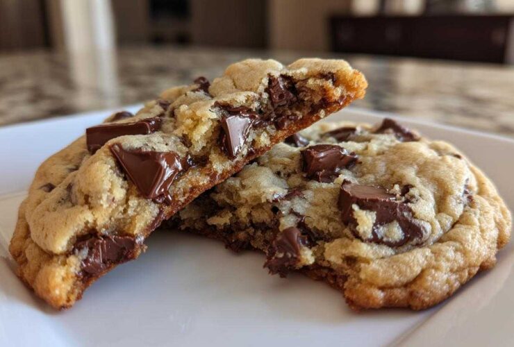 Close-up of a perfect chocolate chip cookie broken in half, showing gooey melted chocolate chunks.