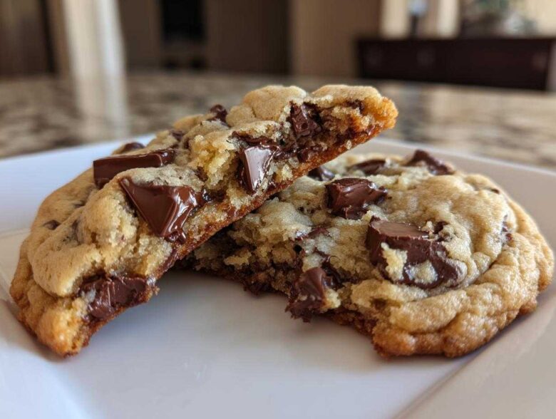 Close-up of a perfect chocolate chip cookie broken in half, showing gooey melted chocolate chunks.