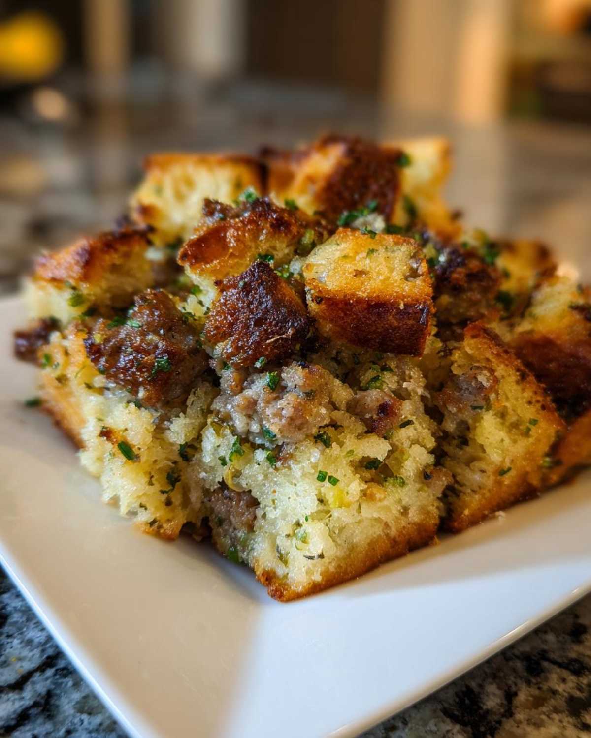 Close-up of a portion of moist sausage stuffing recipe with golden-brown bread cubes and herbs.