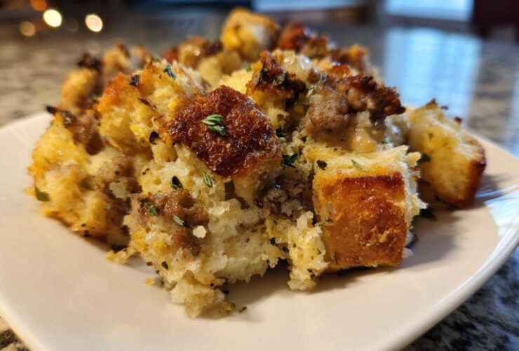 Close-up of a serving of moist sausage stuffing recipe with golden-brown bread cubes and herbs.