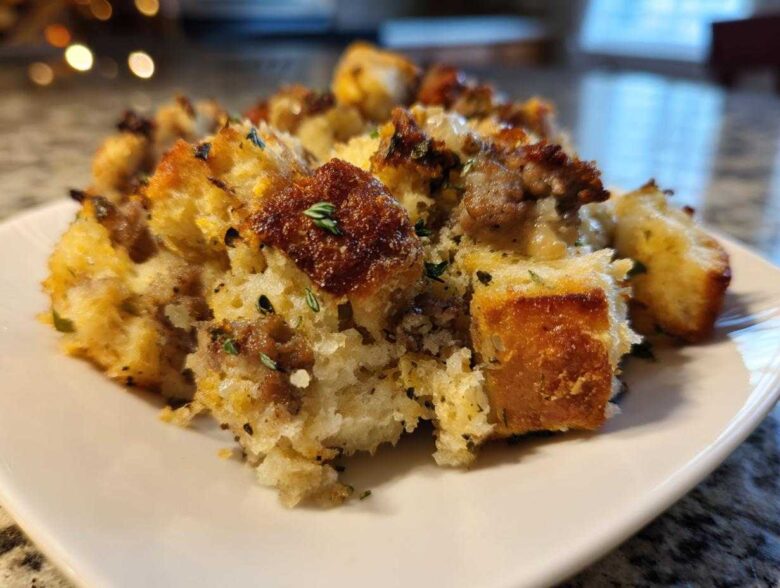 Close-up of a serving of moist sausage stuffing recipe with golden-brown bread cubes and herbs.
