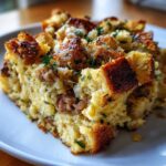 Close-up of a moist slice of sausage stuffing recipe featuring browned bread cubes, sausage, and fresh parsley.