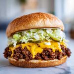 Close-up of a delicious big mac sloppy joes sandwich with melted cheese, pickles, and shredded lettuce.