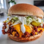 A close-up of a delicious big mac sloppy joes sandwich piled high with meat sauce, melted cheese, lettuce, and special sauce.