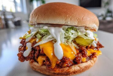 A close-up of a delicious big mac sloppy joes sandwich piled high with meat sauce, melted cheese, lettuce, and special sauce.