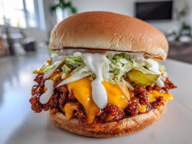 A close-up of a delicious big mac sloppy joes sandwich piled high with meat sauce, melted cheese, lettuce, and special sauce.
