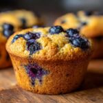 A close-up, appetizing shot of a golden-brown blueberry protein muffins sitting on a wooden surface.