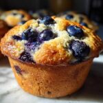 A close-up of a perfectly baked blueberry protein muffin with a golden top and fresh blueberries.